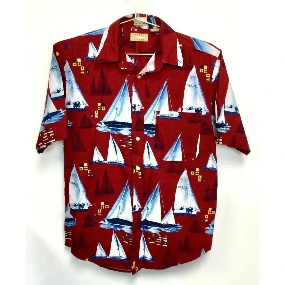 Vintage Natural Issue Mens Red Nautical Wrinkle Free Oxford Dress Shirt‎ Small